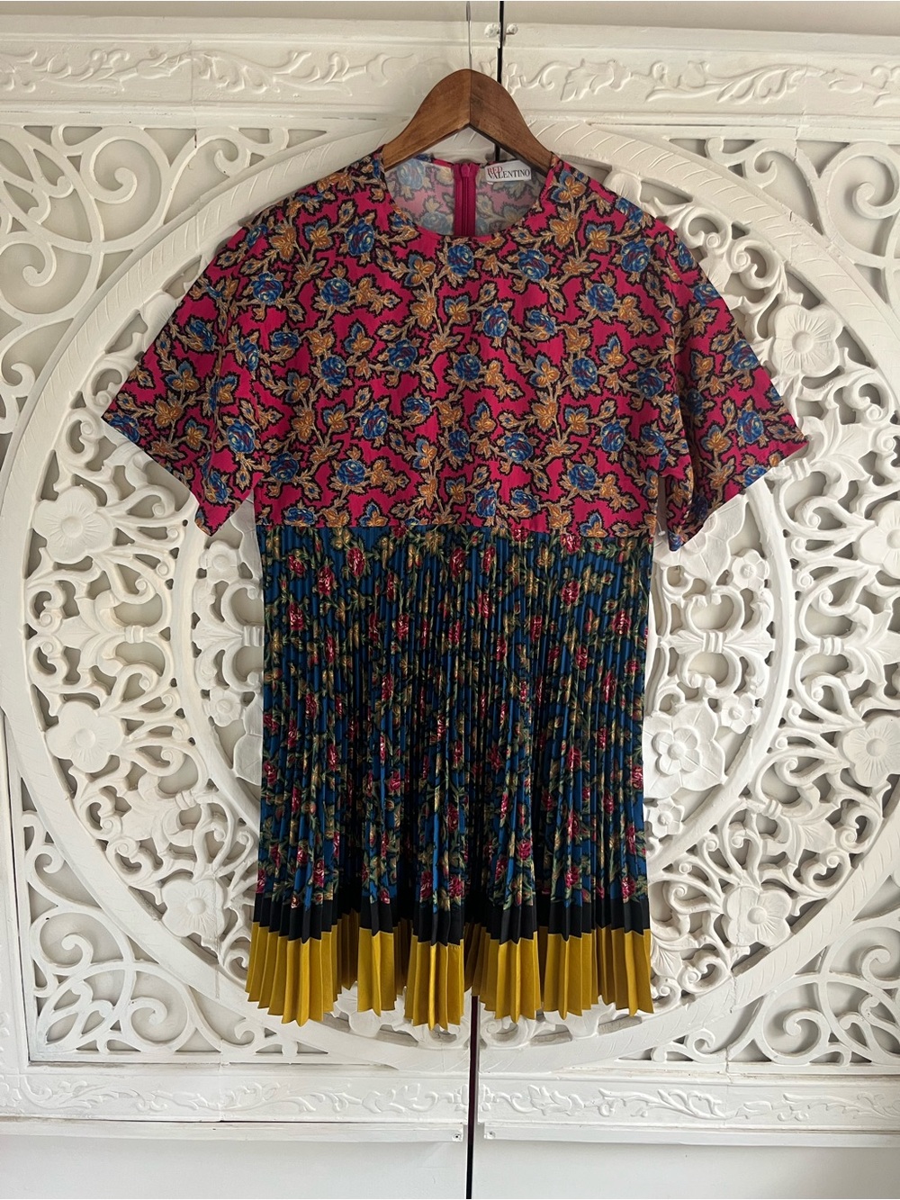 REDValentino Mixed Floral Pleated Mini Dress Pink Blue Mustard IT 42 US 6